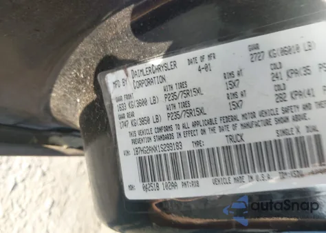 2001 Dodge Dakota Slt/Sport from USA, damaged, VIN 1B7HG2ANX1S299183